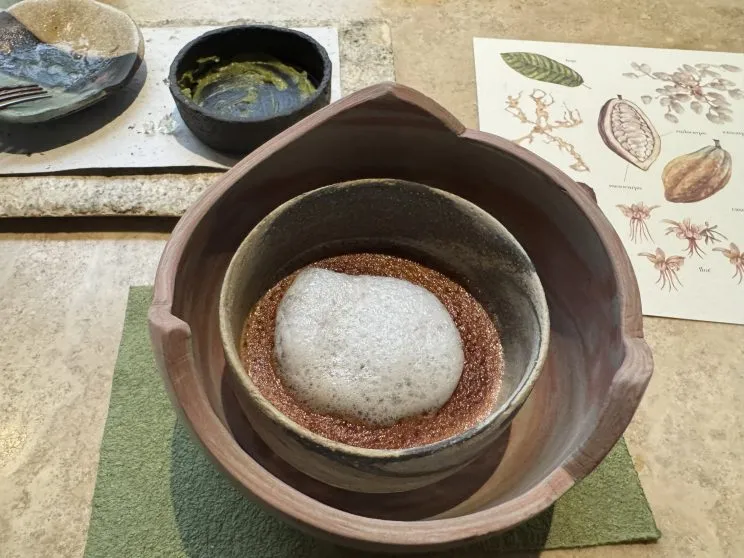 Cacao Chuncho: A rich and immersive dessert experience at 1,800 meters above sea level, showcasing Mucilago, Semillas, and Cáscara of cacao. This dish celebrates the full complexity of Peruvian cacao, offering an intense and earthy flavor profile that honors the essence of chocolate in its purest form.