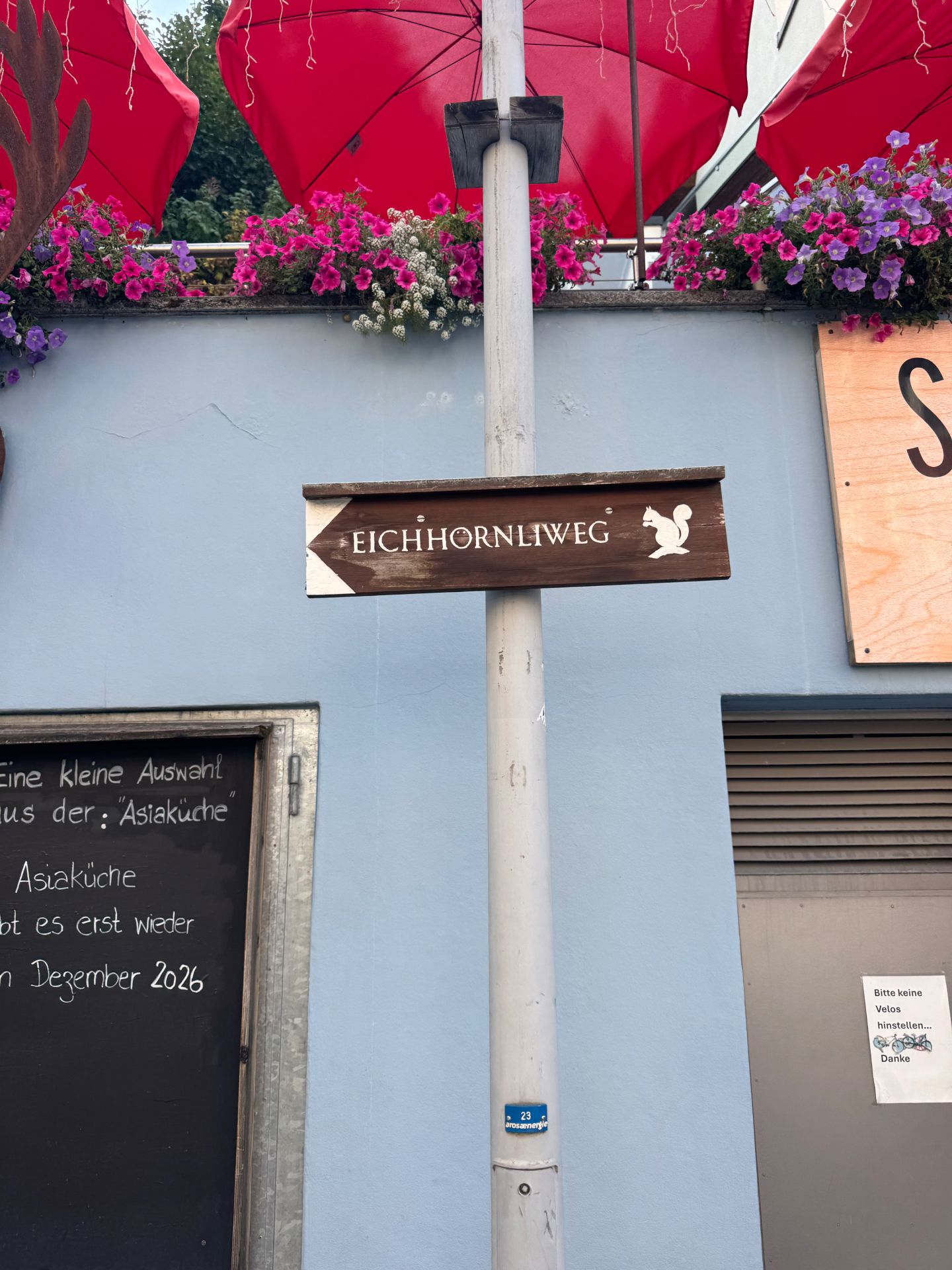 Wooden Eichhornliweg trail signpost with a painted squirrel, Arosa